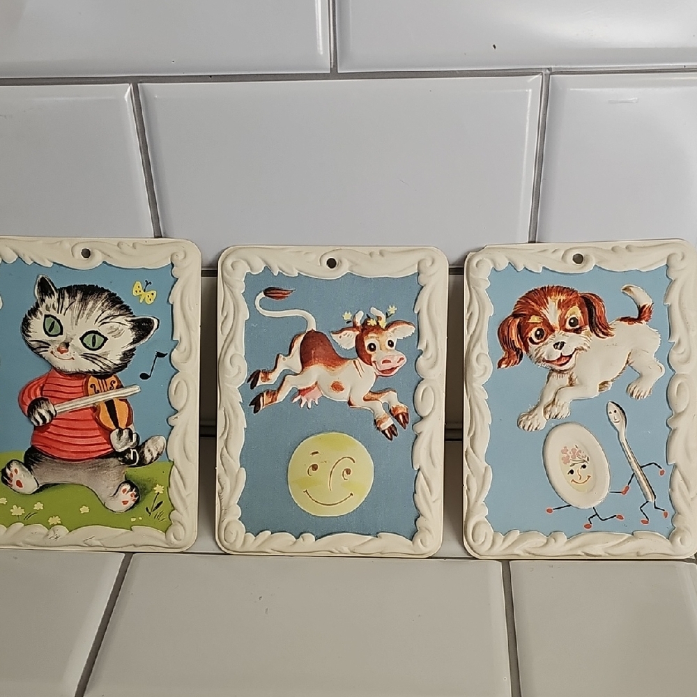 Vintage Dimensional Paper Nursery Rhyme Plaques Set Of 3